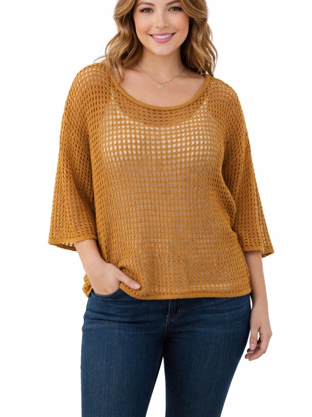 Mustard Open-Knit Women's Sweater